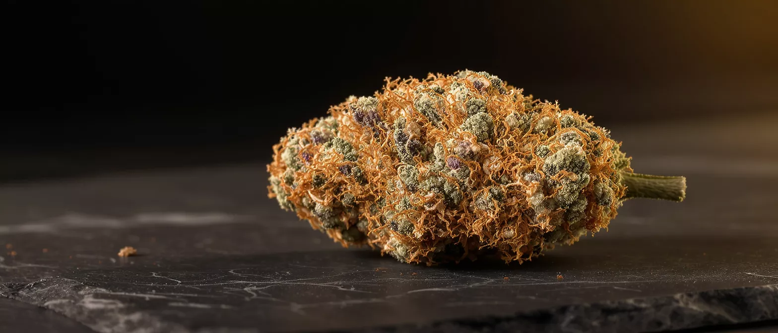 Close-up of a cannabis bud with prominent orange hairs and green-purple hues.