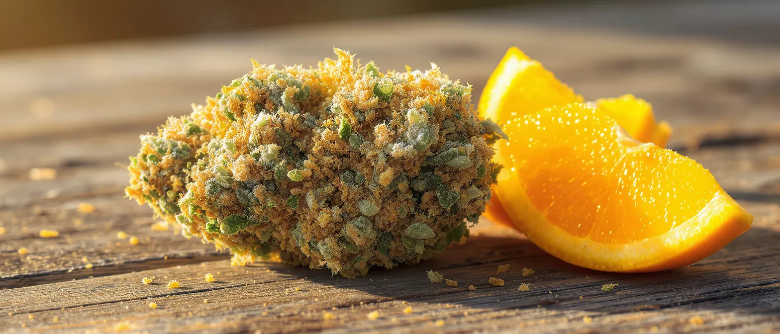 Close-up of a cannabis bud and orange slices on a rustic wooden surface.