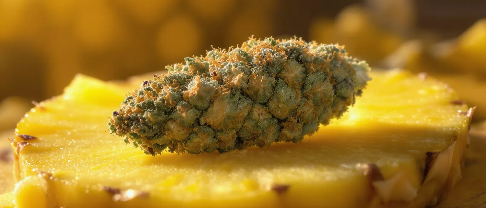 Gros plan d'un bourgeon de cannabis vert et orange posé sur une tranche d'ananas jaune vif.