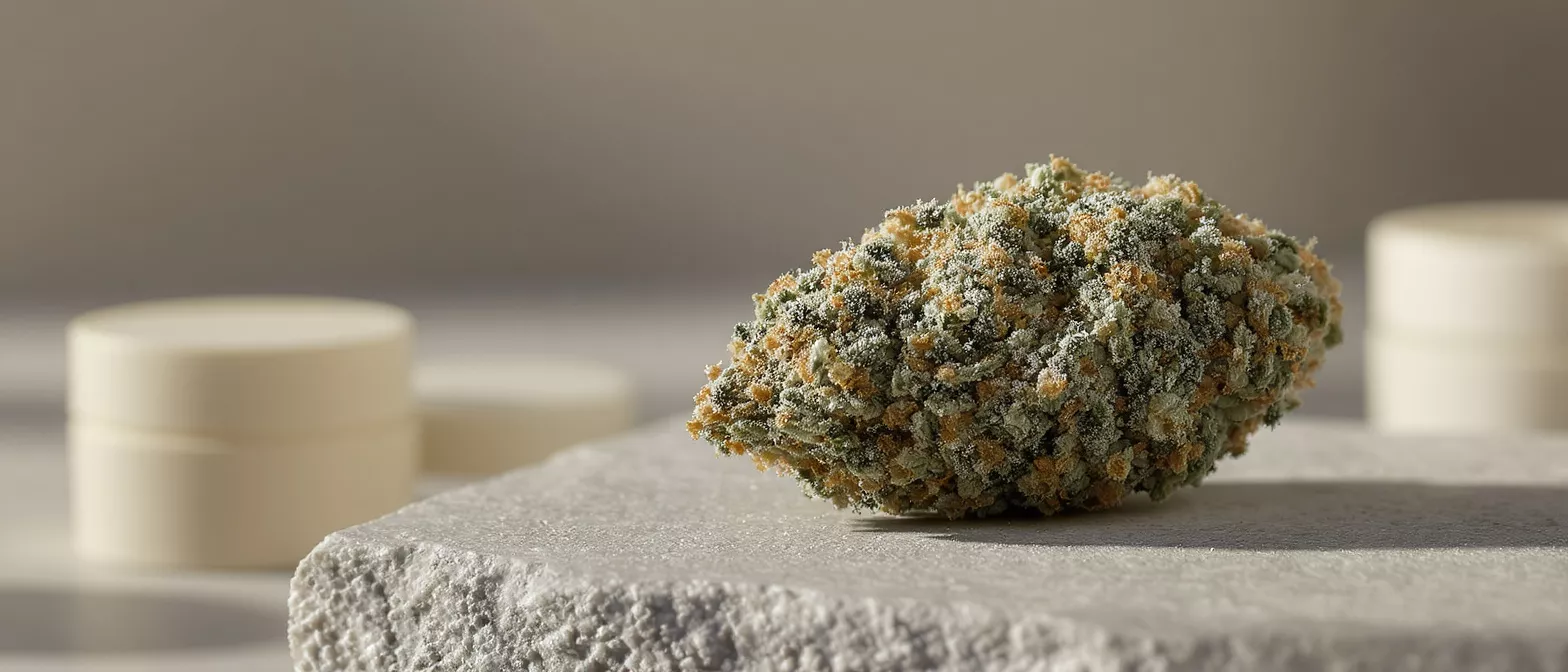 Close-up of a vibrant cannabis bud on a stone slab with blurred jars.