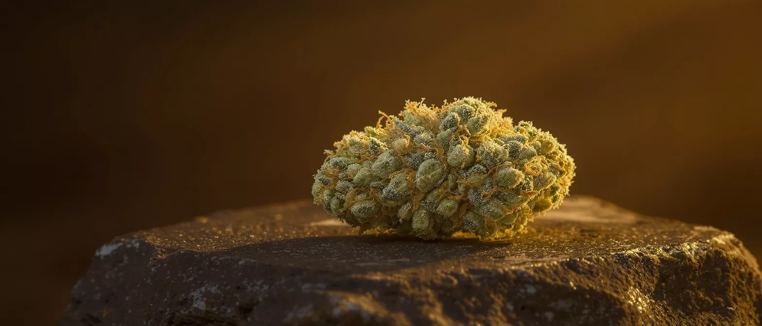 Close-up of a vibrant cannabis bud resting on a dark, textured rock.