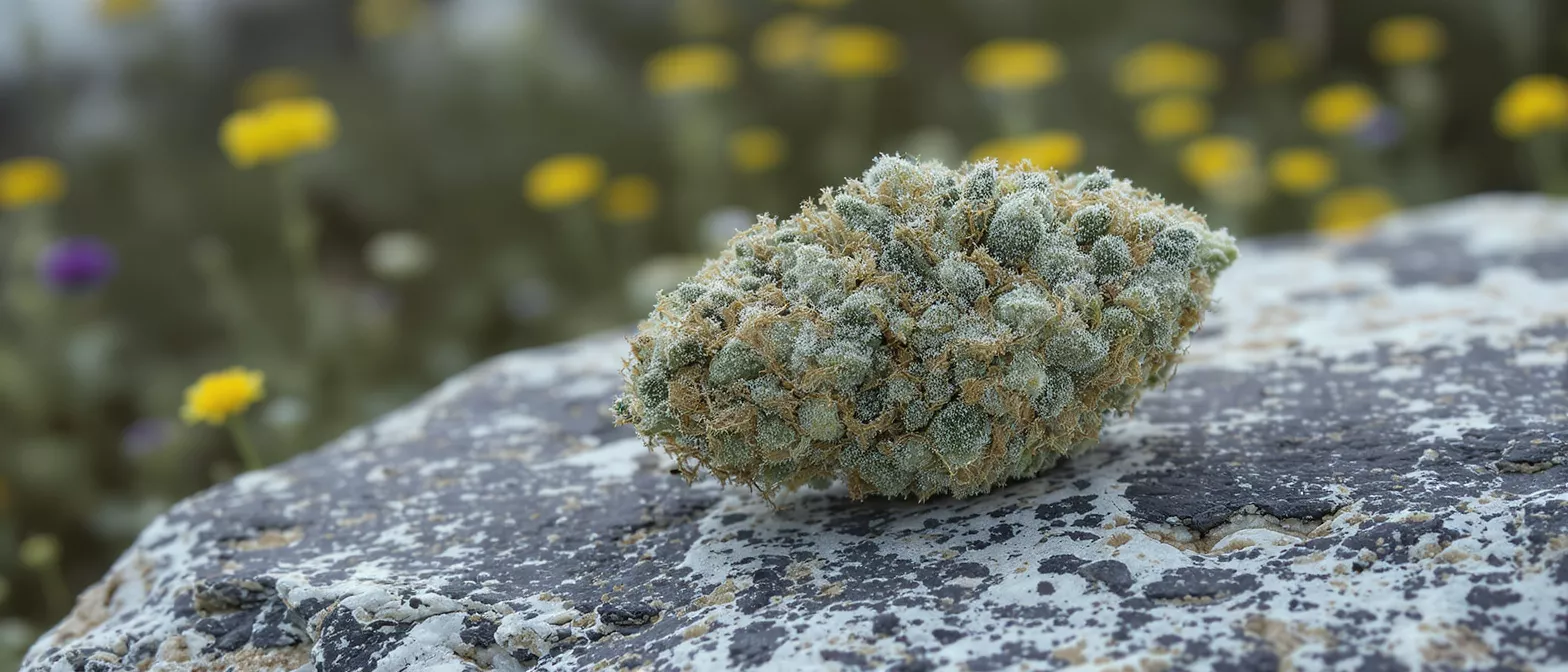Primer plano de un cogollo de cannabis escarchado reposando sobre una roca texturizada al aire libre.