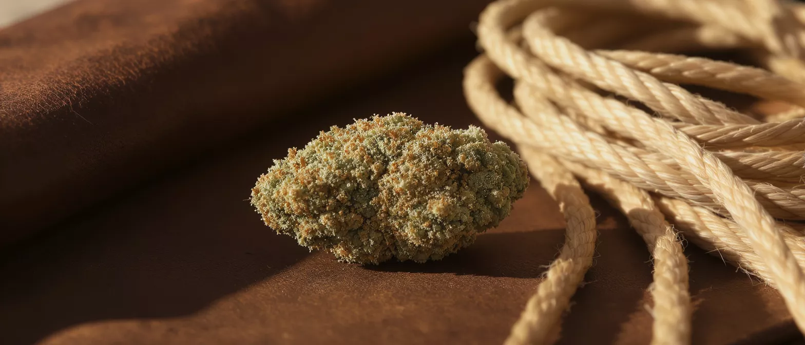 Close-up of a cannabis bud with rope on a brown background.