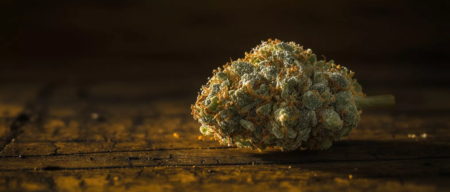 Close-up of a vibrant cannabis bud with trichomes on a dark wooden surface.