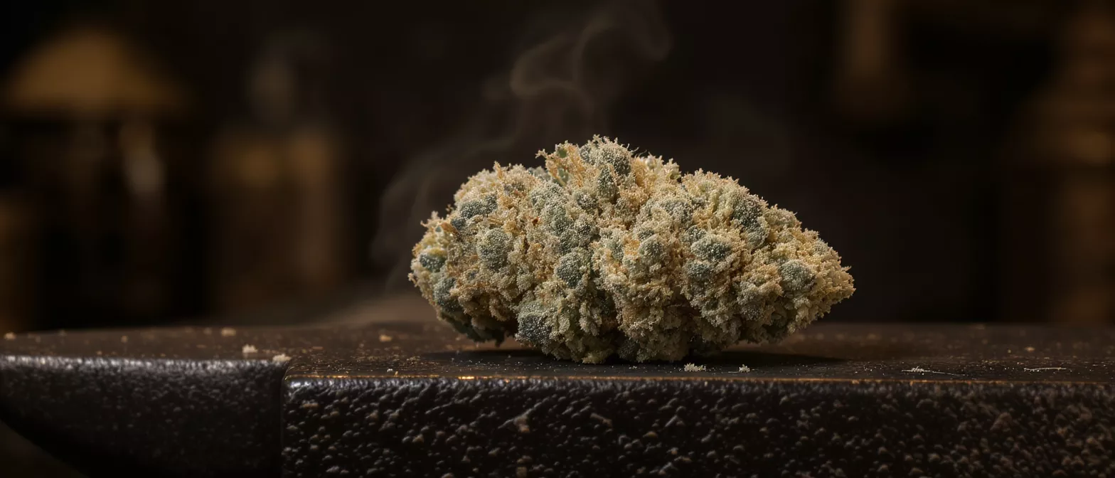 Close-up of a cannabis bud with visible smoke on a dark, textured surface.