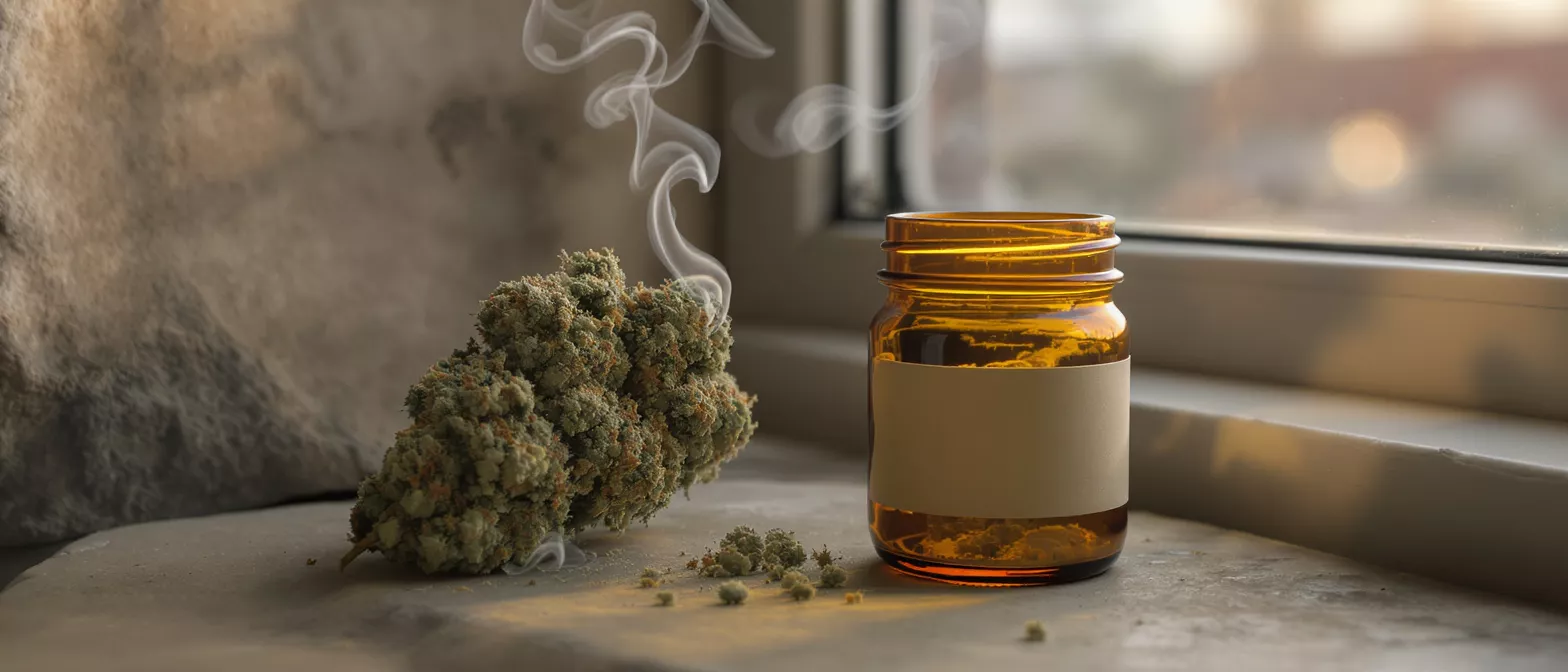 A cannabis bud with smoke rising, next to an amber jar on a windowsill.
