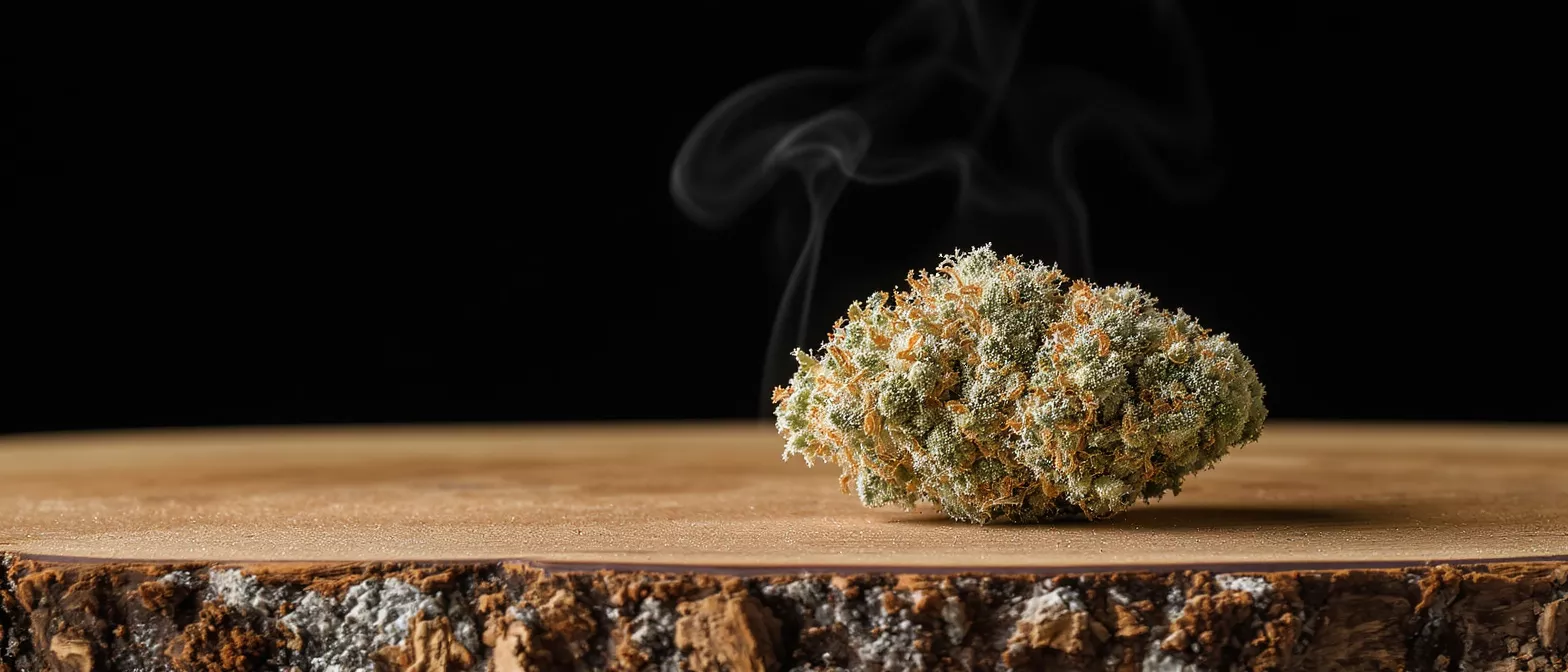 Close-up of a cannabis bud with smoke rising, on a rustic wooden surface.