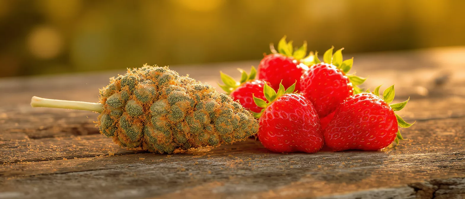 A cannabis bud and fresh strawberries on a rustic wooden surface.