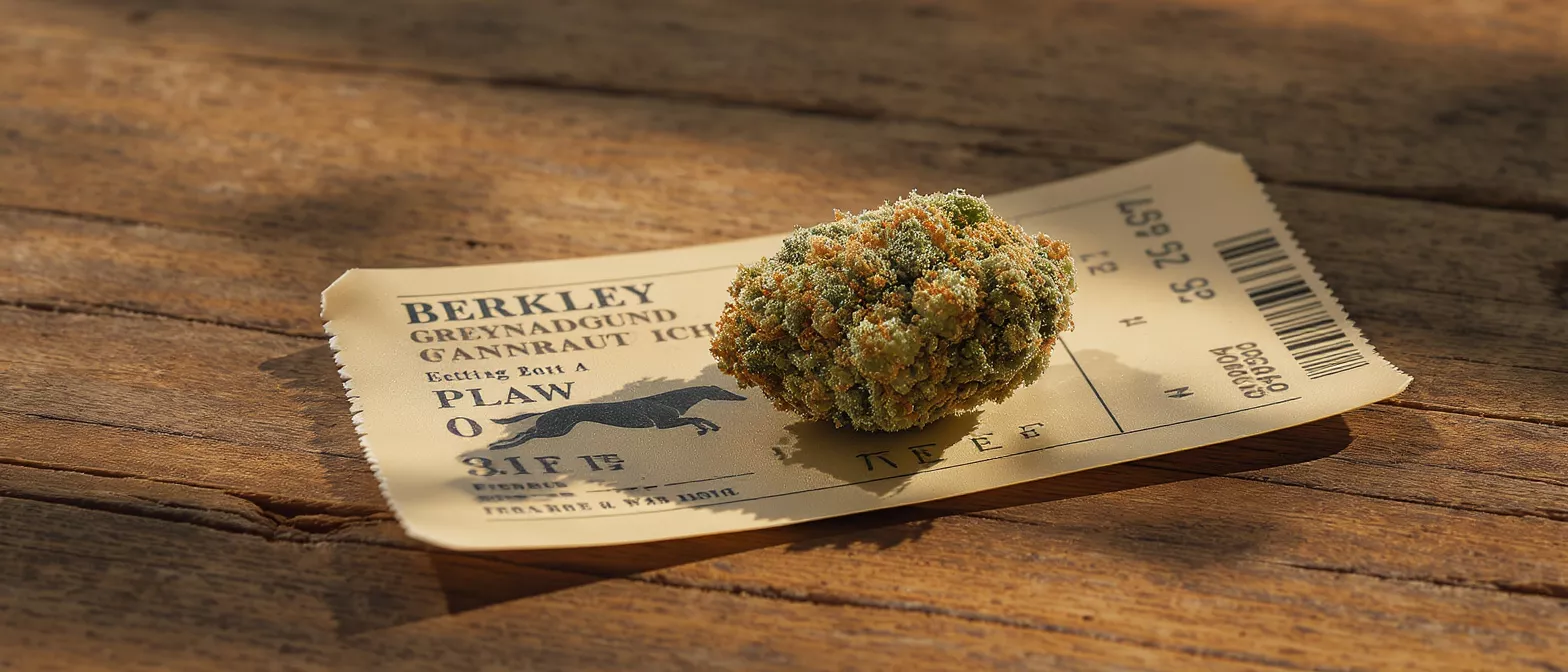 A close-up of a cannabis bud resting on a vintage-style ticket on wood.