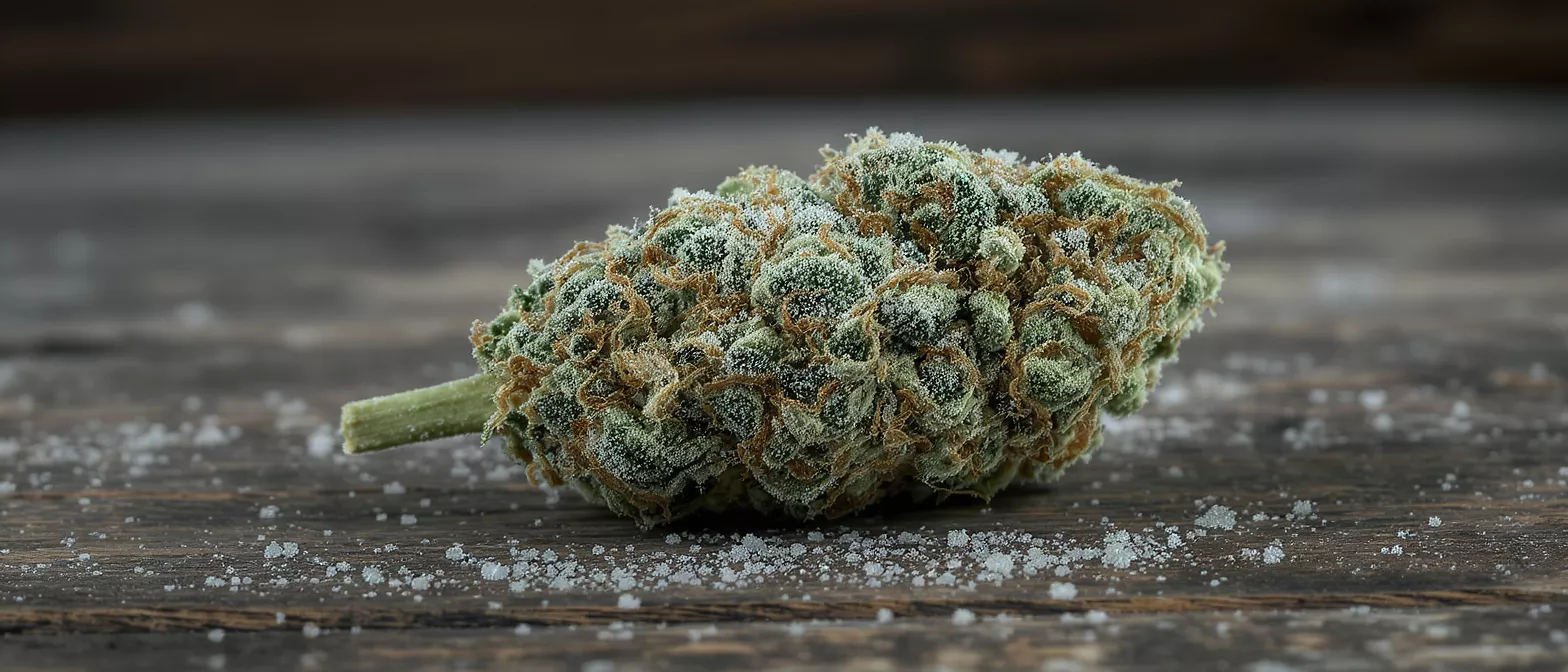 Close-up of a cannabis bud covered in white trichomes on a rustic wooden surface.