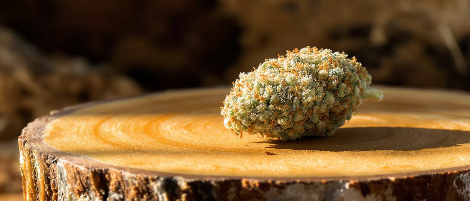 Close-up of a cannabis bud with trichomes on a wooden tree stump slice.
