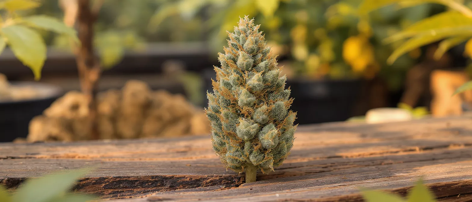 A vibrant cannabis bud with trichomes and orange hairs on a rustic wooden surface.
