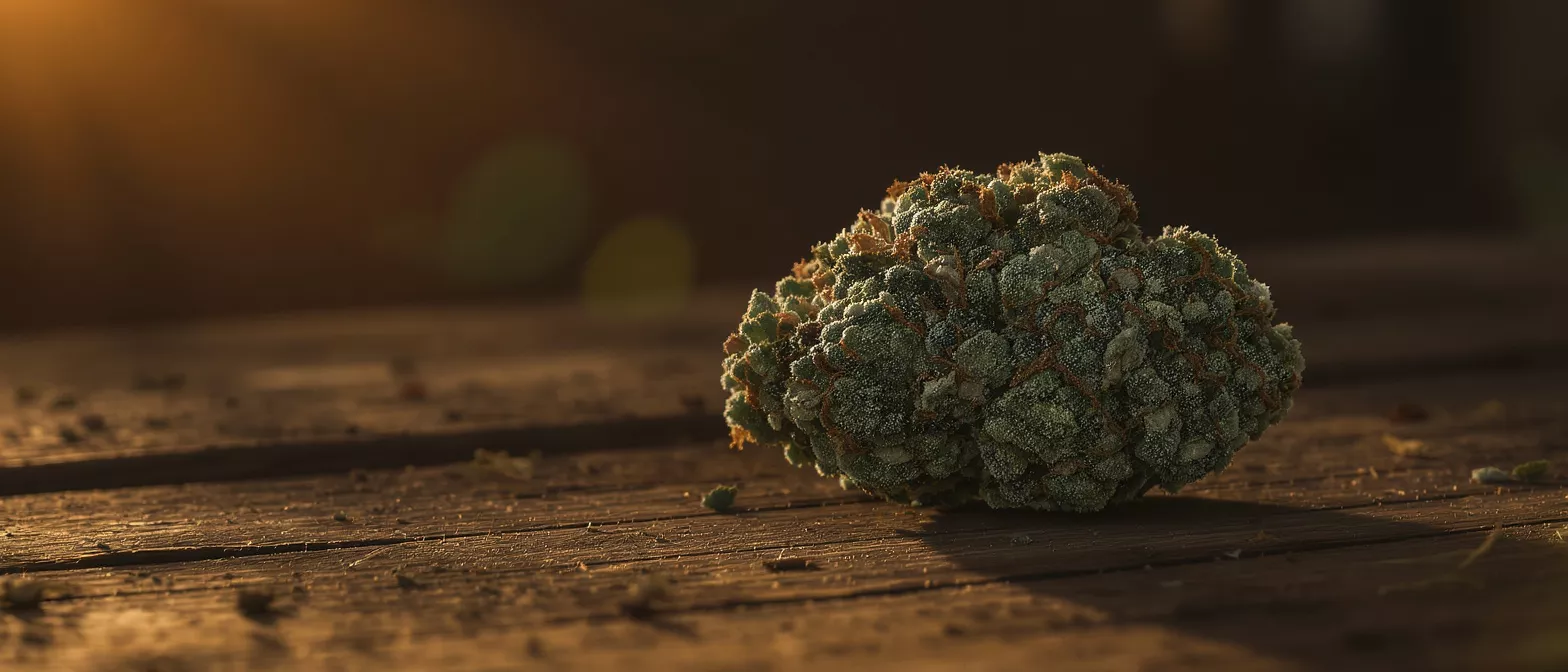 Close-up of a cannabis bud on a rustic wooden table, bathed in warm sunlight.
