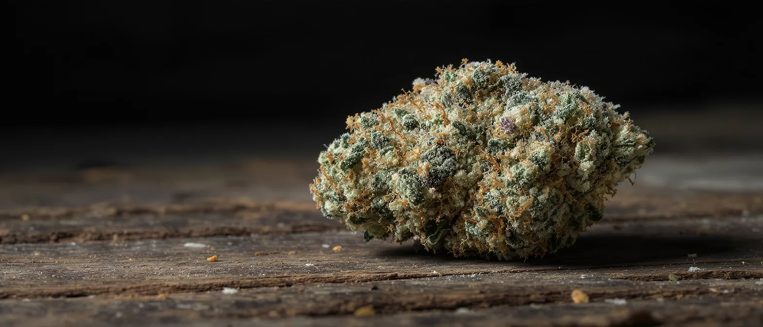 Close-up of a cannabis bud on a rustic wooden table, rich in trichomes.
