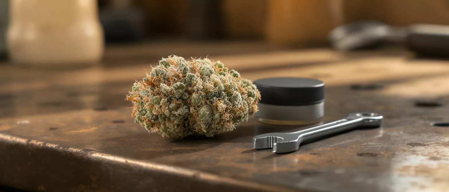 Close-up of a cannabis bud, small jar, and wrench on a rustic metal surface.