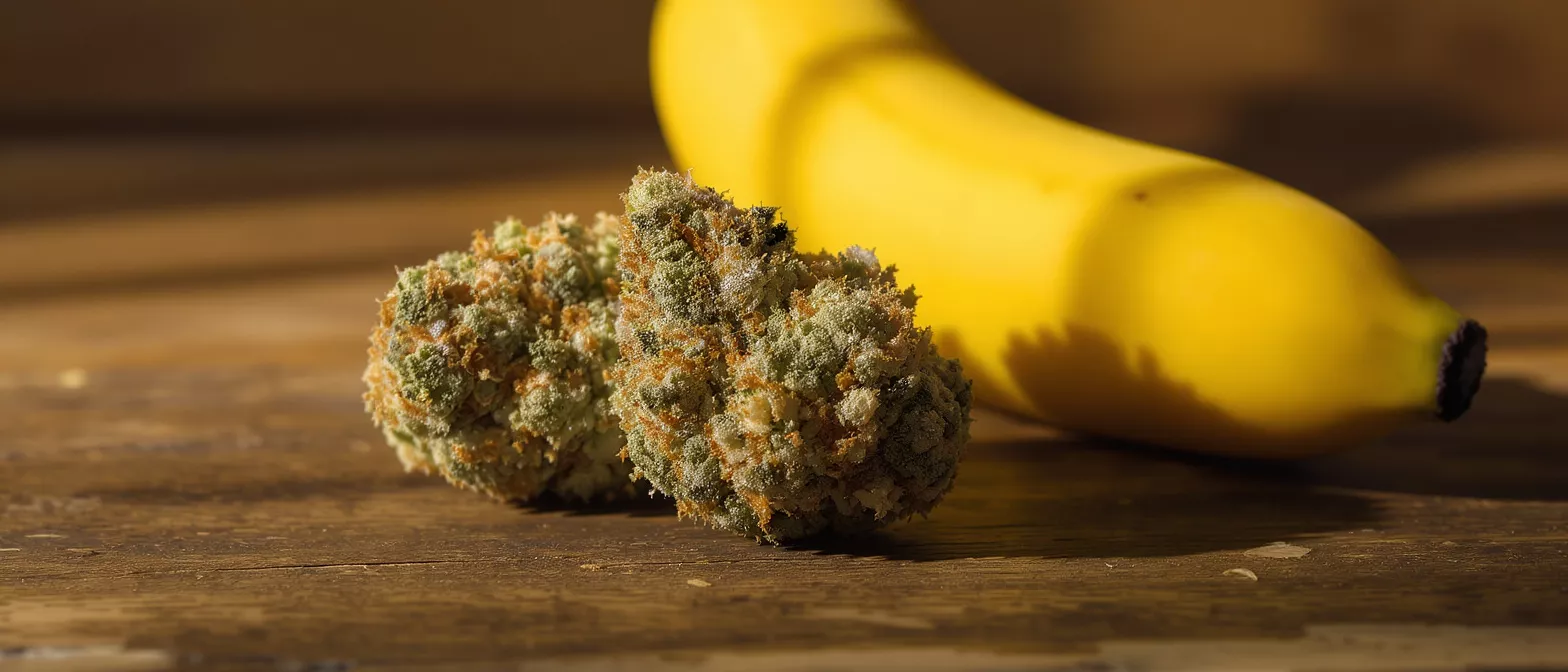 Two cannabis buds and a yellow banana on a rustic wooden table.