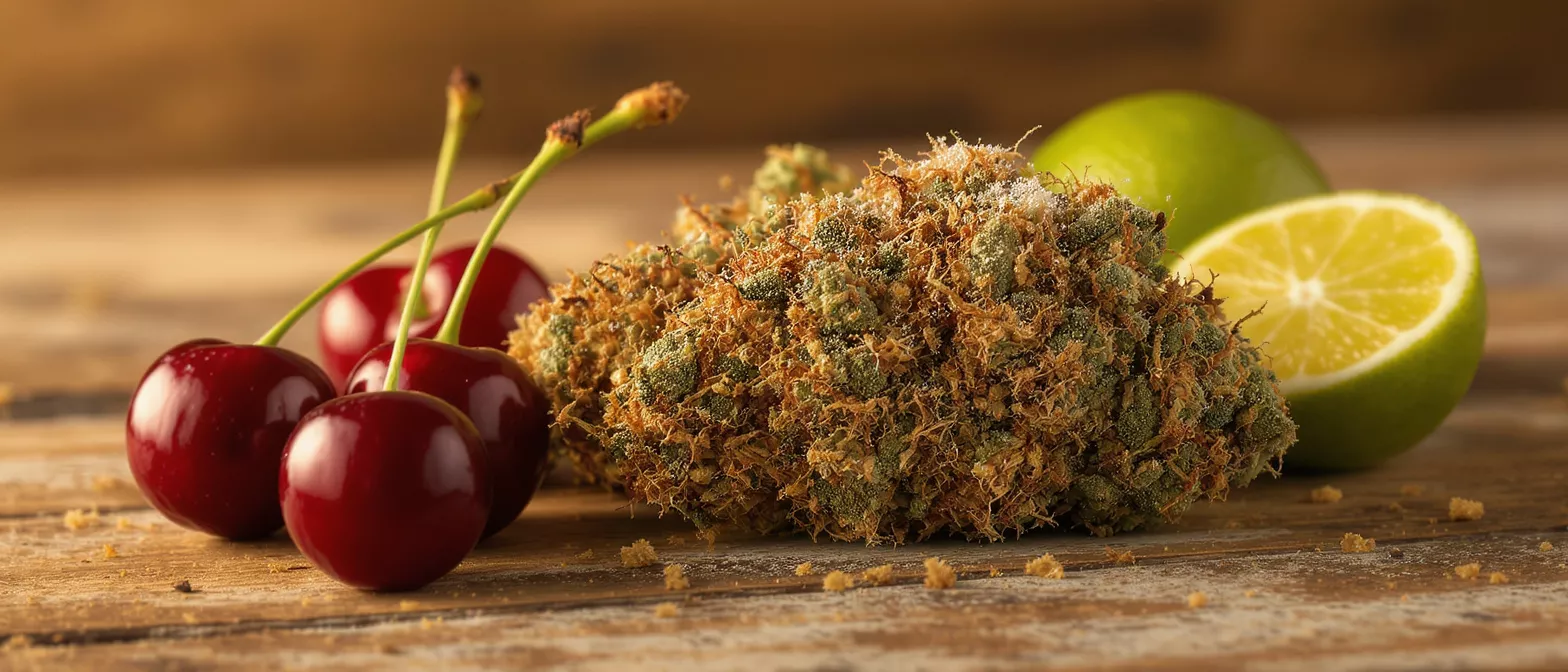 Close-up of cannabis buds, fresh cherries, and a sliced lime on a wooden surface.
