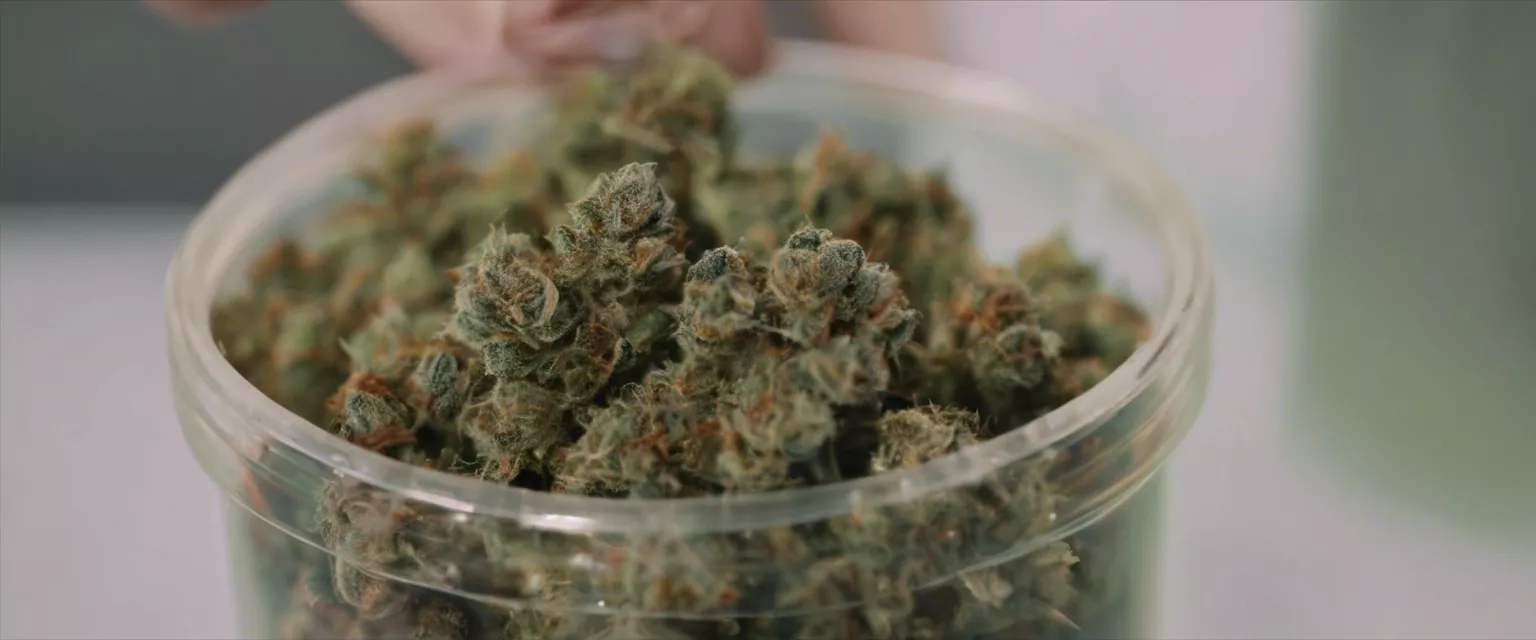 Close-up of trichome-rich cannabis buds in clear container for resupply.