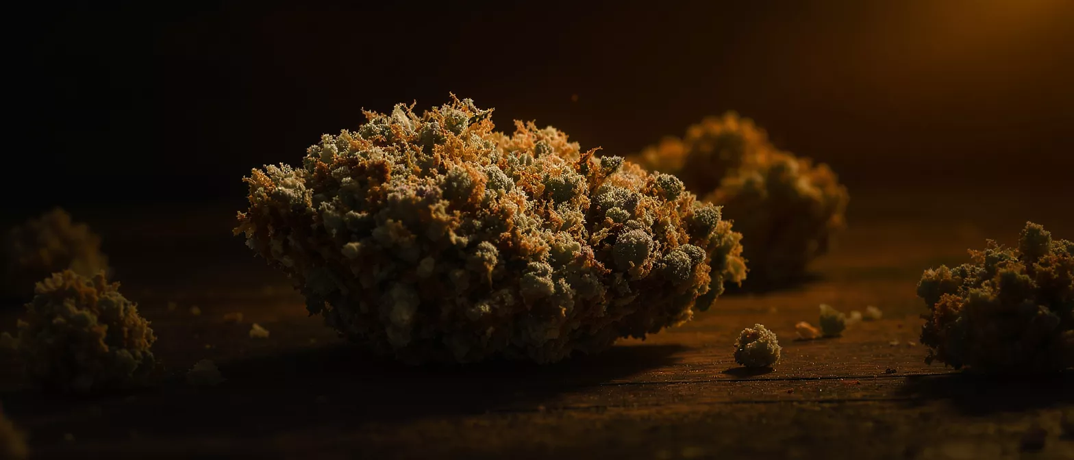 Close-up of cannabis buds with green and orange hues on a dark background.