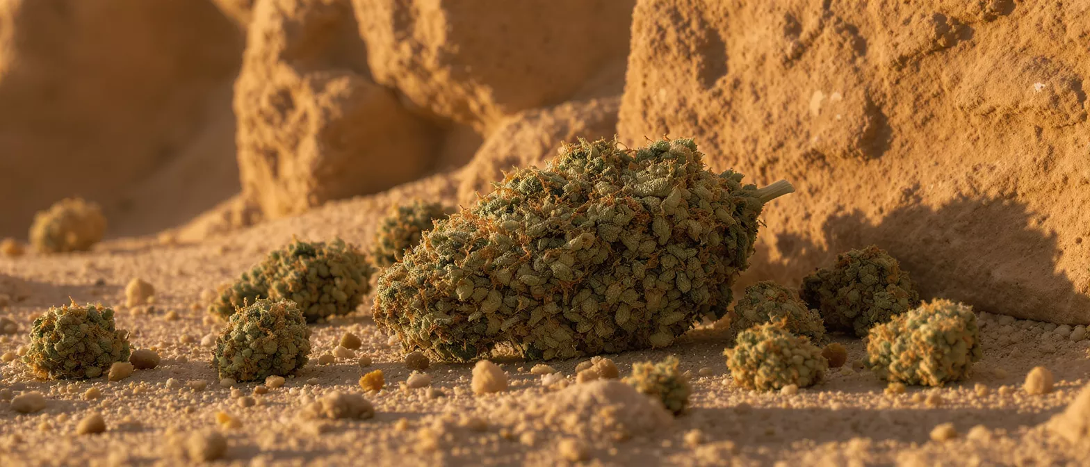 Close-up of cannabis buds on sandy ground with rock formations in background.