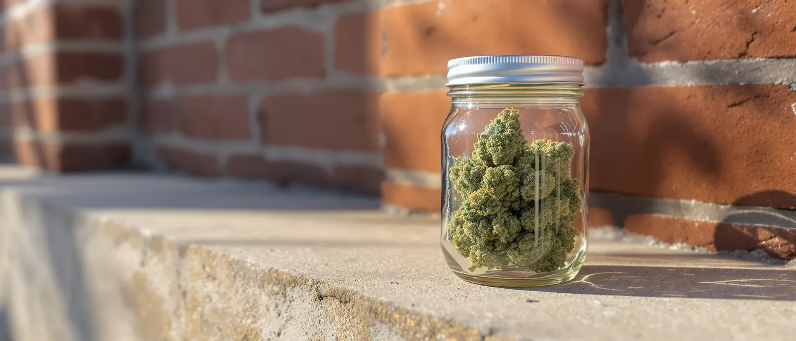 Cannabis buds in a glass jar with a metal lid on a concrete ledge.