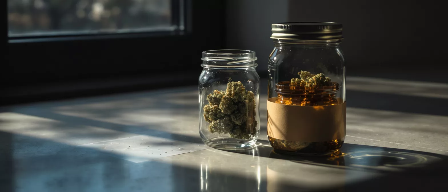 Two glass jars filled with cannabis buds, illuminated by sunlight on a dark background.