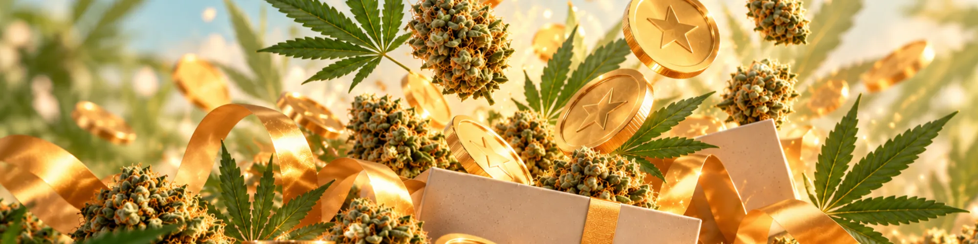 Cannabis buds, gold coins, and a gift box with golden ribbon against a bright background.