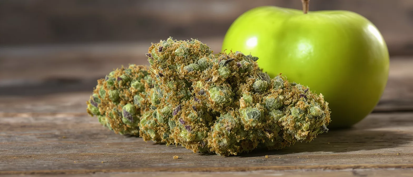 Two cannabis buds with a green apple on a rustic wooden surface.