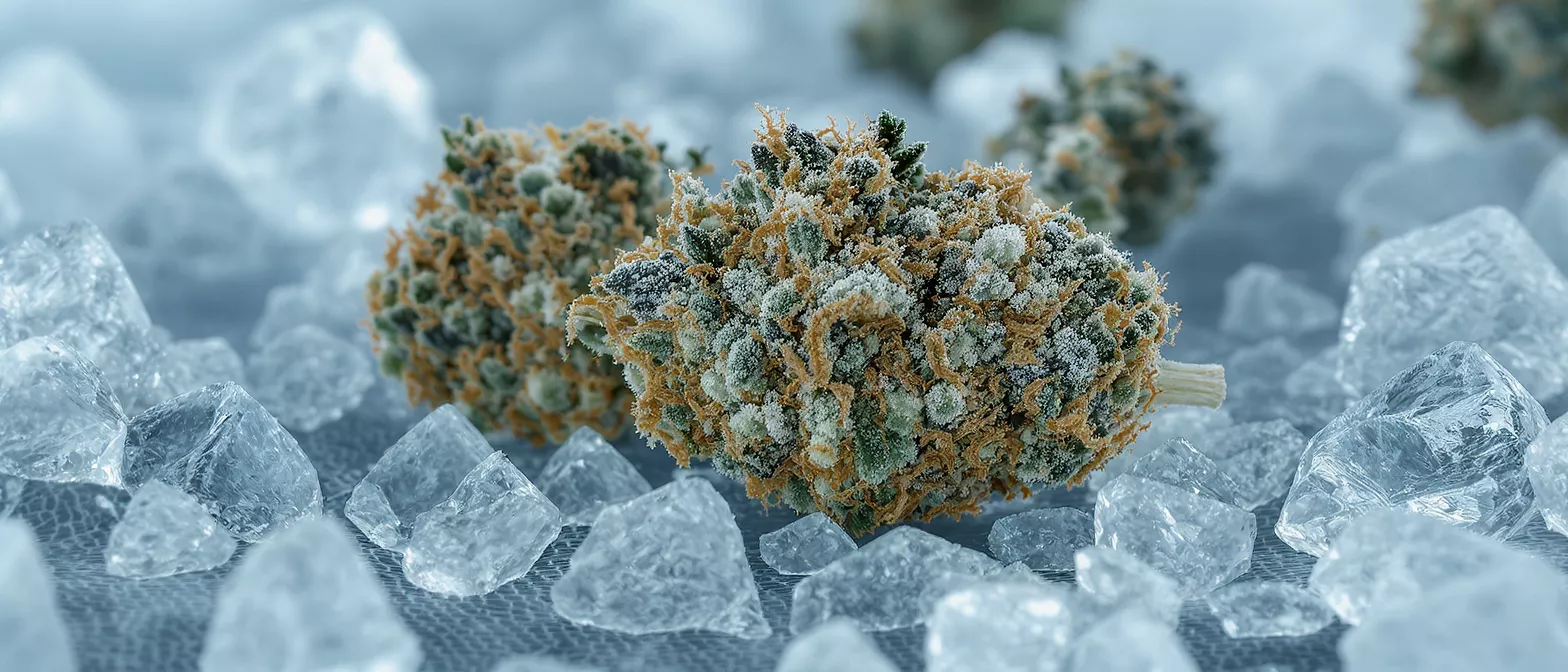 Close-up of frosty cannabis buds surrounded by clear ice crystals.