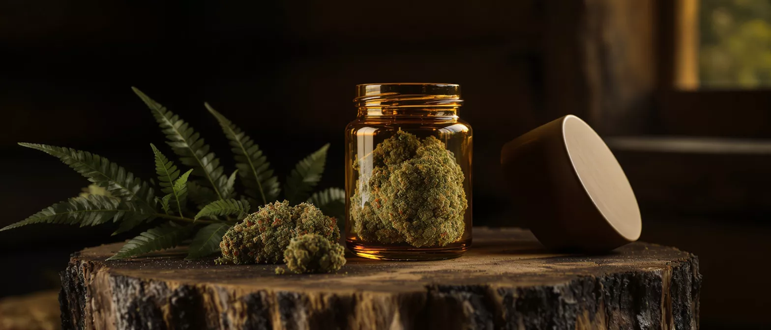 Cannabis buds in amber jar and loose on a wooden stump with fern.
