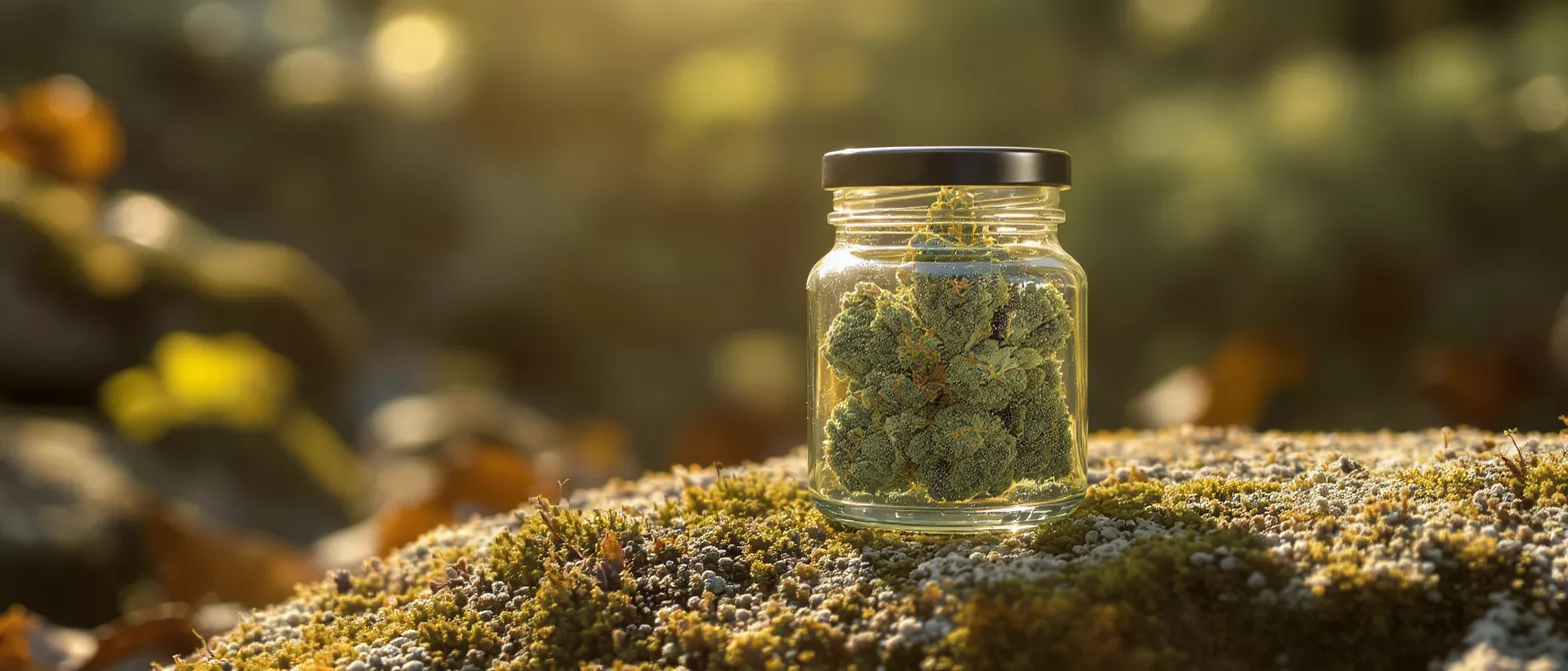 Glass jar filled with cannabis buds on mossy ground in sunlight.