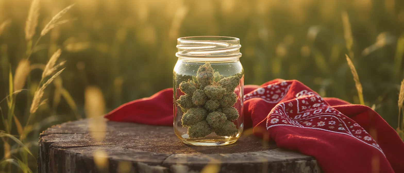 Cannabis buds in a glass jar on a tree stump with a red bandana.