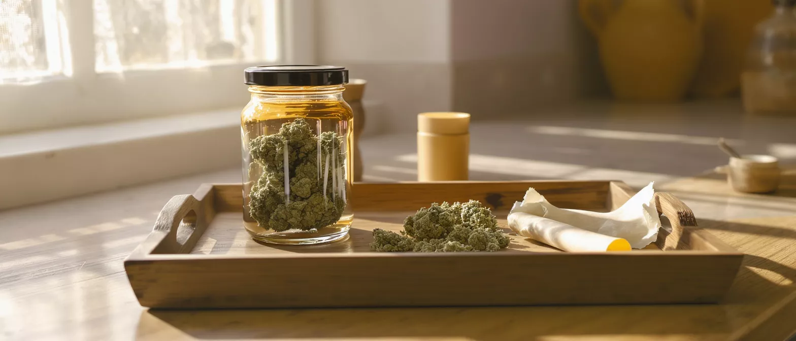 Cannabis buds in a jar and on a wooden tray with rolling papers.