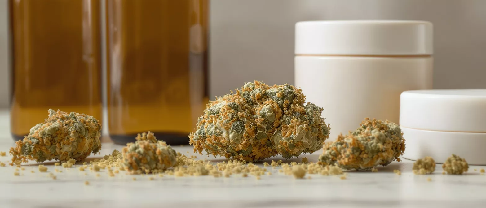 Close-up of cannabis buds covered in kief, with jars in the background.