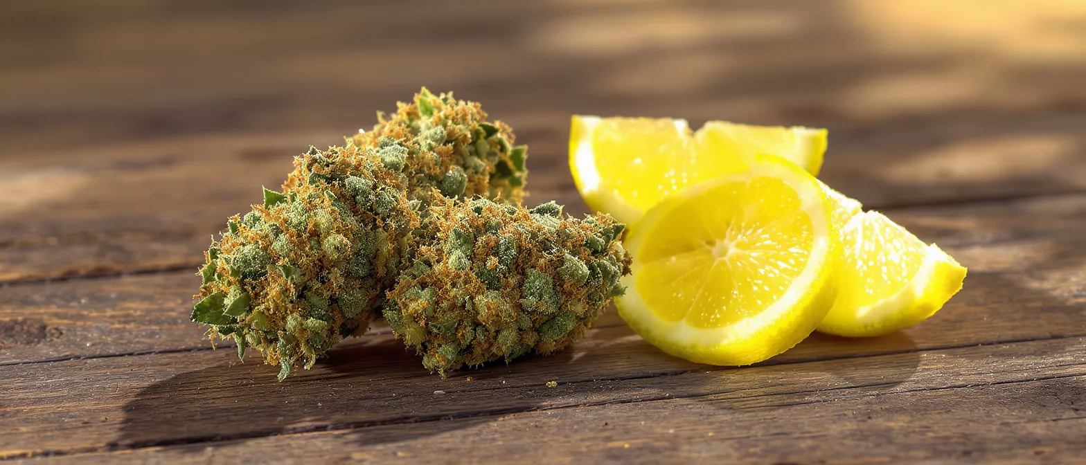 Deux bourgeons de cannabis et plusieurs tranches de citron sur une surface en bois rustique.