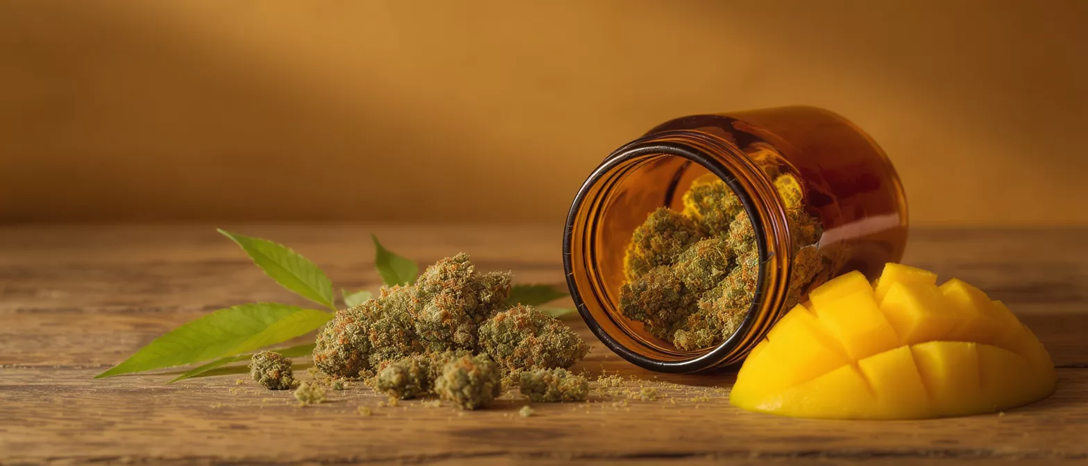 Cannabis buds spill from an amber jar, with a fresh mango slice and leaves.