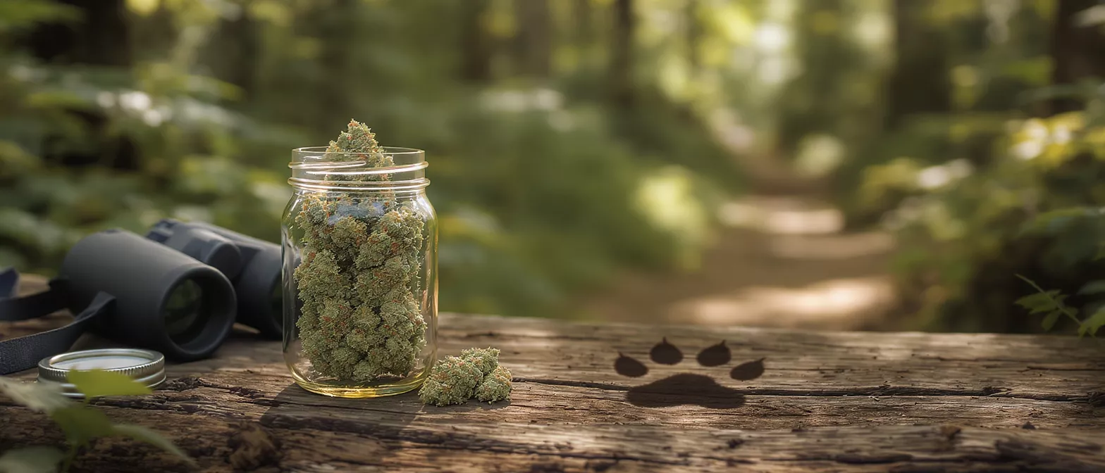 Cannabis buds in jar, binoculars, paw print on wooden log in forest.