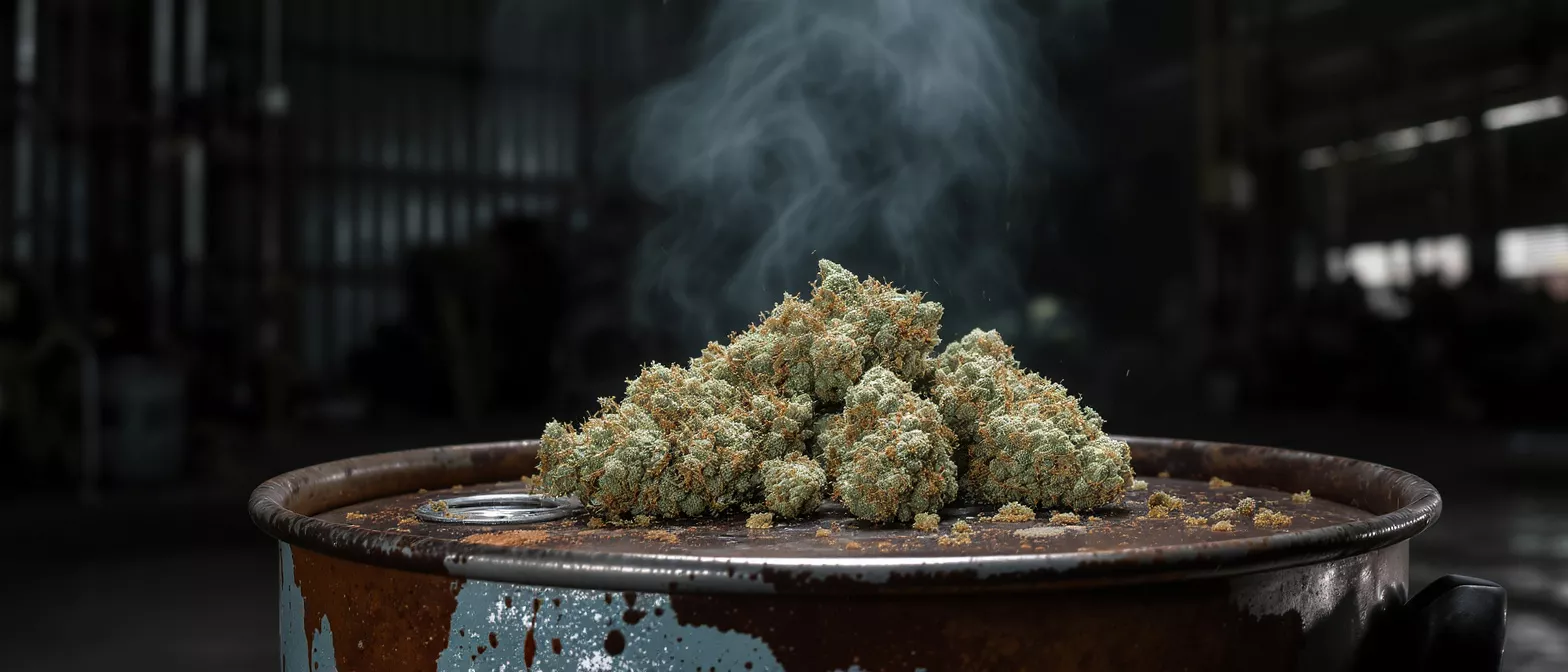 Close-up of cannabis buds on a rusty barrel with smoke rising in a dark setting.