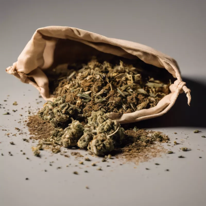 Artisanal cannabis buds overflow from natural bag on dark surface, highlighting quality and potency.