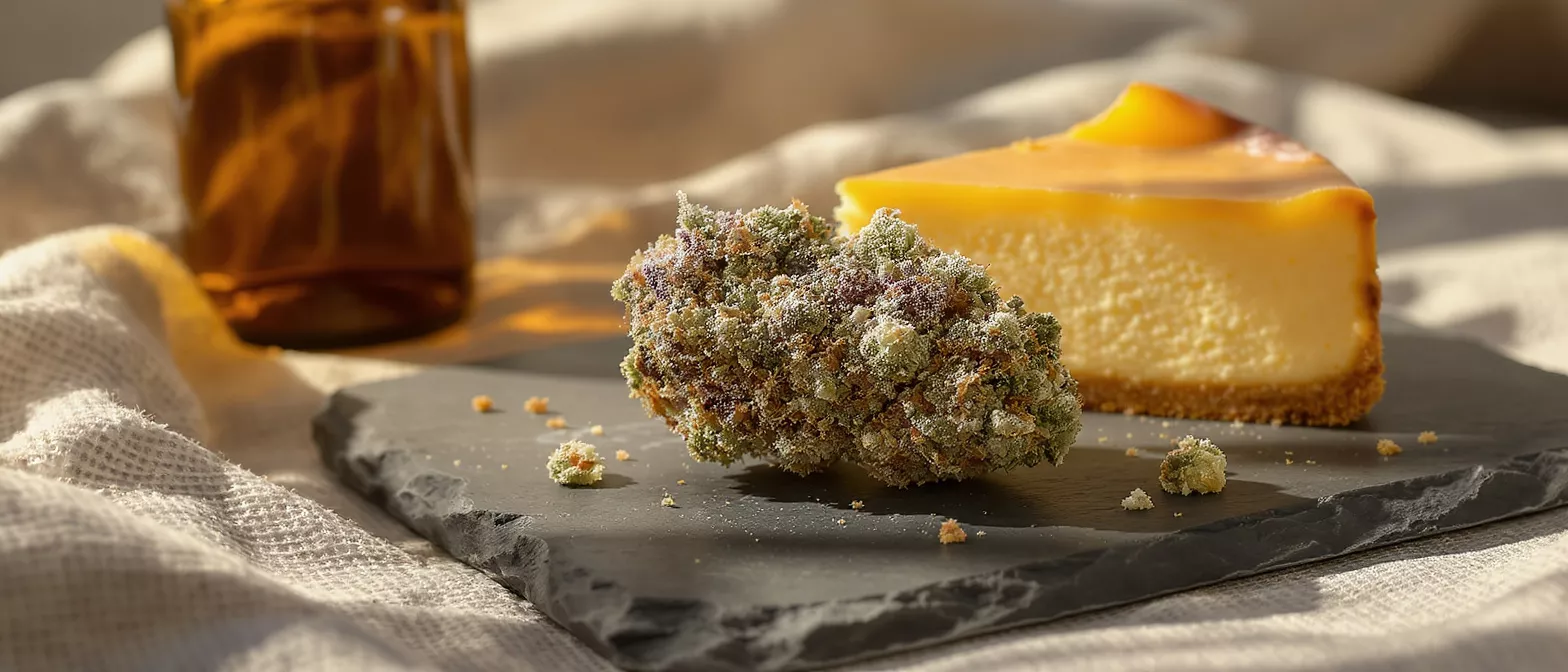 Cannabis bud and cheesecake slice on a slate board with a bottle in the background.