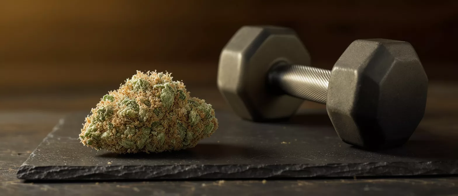 Cannabis bud next to a dumbbell on a dark slate surface, representing fitness.
