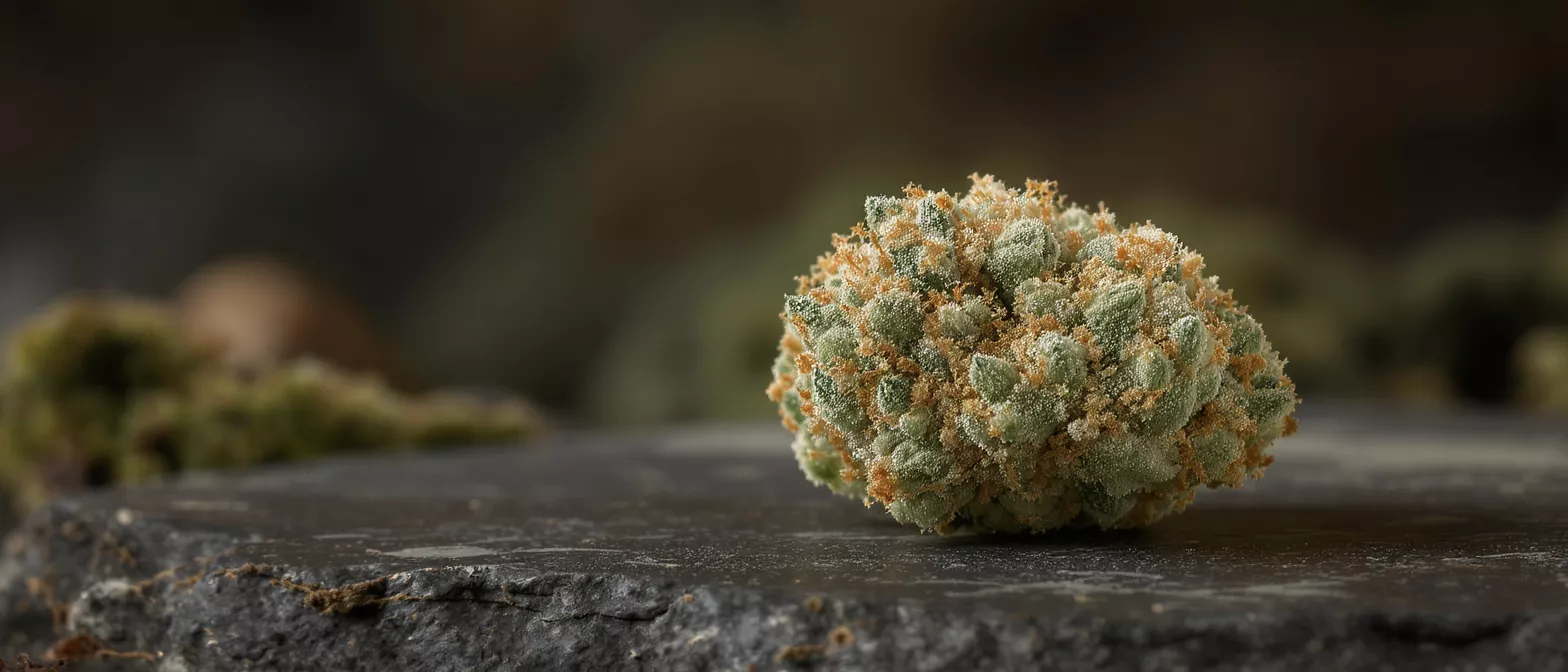 Close-up of a vibrant cannabis flower bud on a dark stone surface.