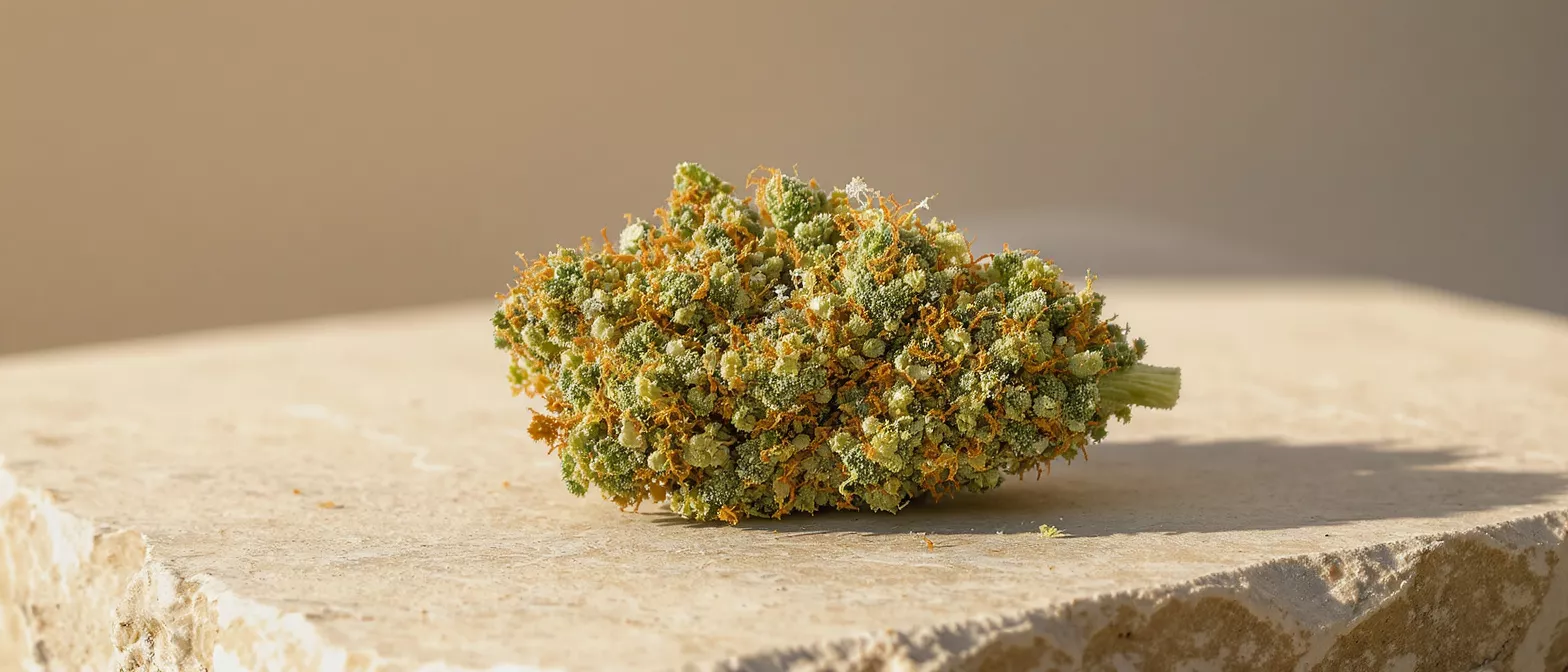 Close-up of a vibrant green and orange cannabis flower bud on a stone surface.