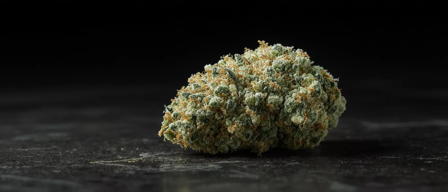 Close-up of a vibrant cannabis flower bud on a dark, textured surface.