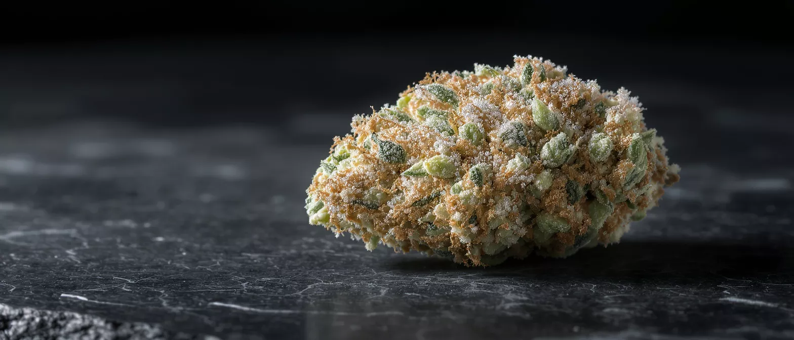 Primer plano de un cogollo de flor de cannabis cubierto de tricomas escarchados y pelos naranjas.