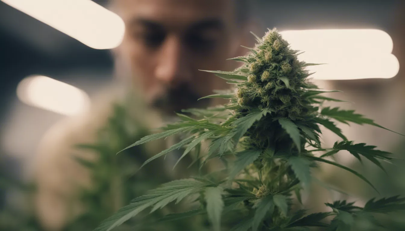 Close-up of mature cannabis flower with blurred figure in background.