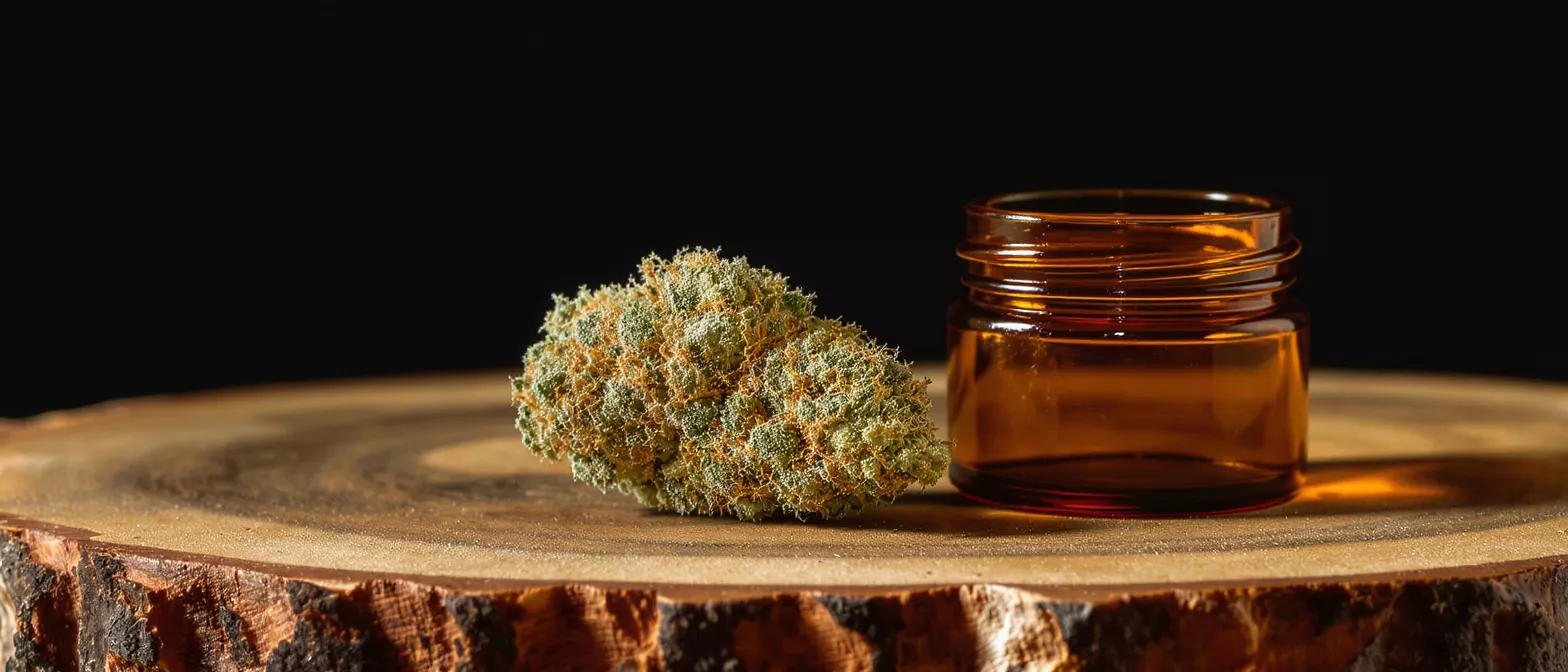Close-up of a cannabis bud and an amber glass jar on a wooden slab.