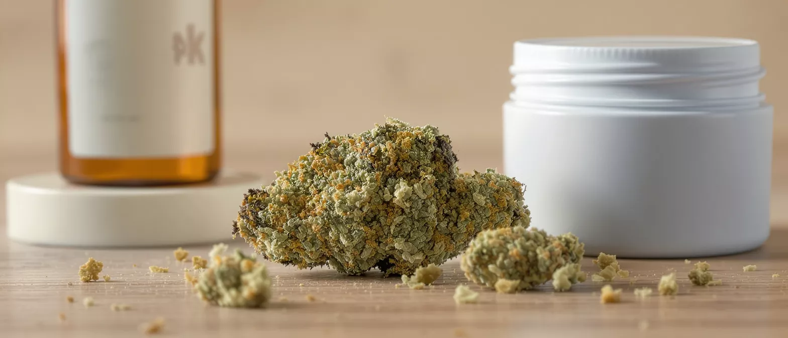 Close-up of a dense cannabis flower bud with a bottle and jar.
