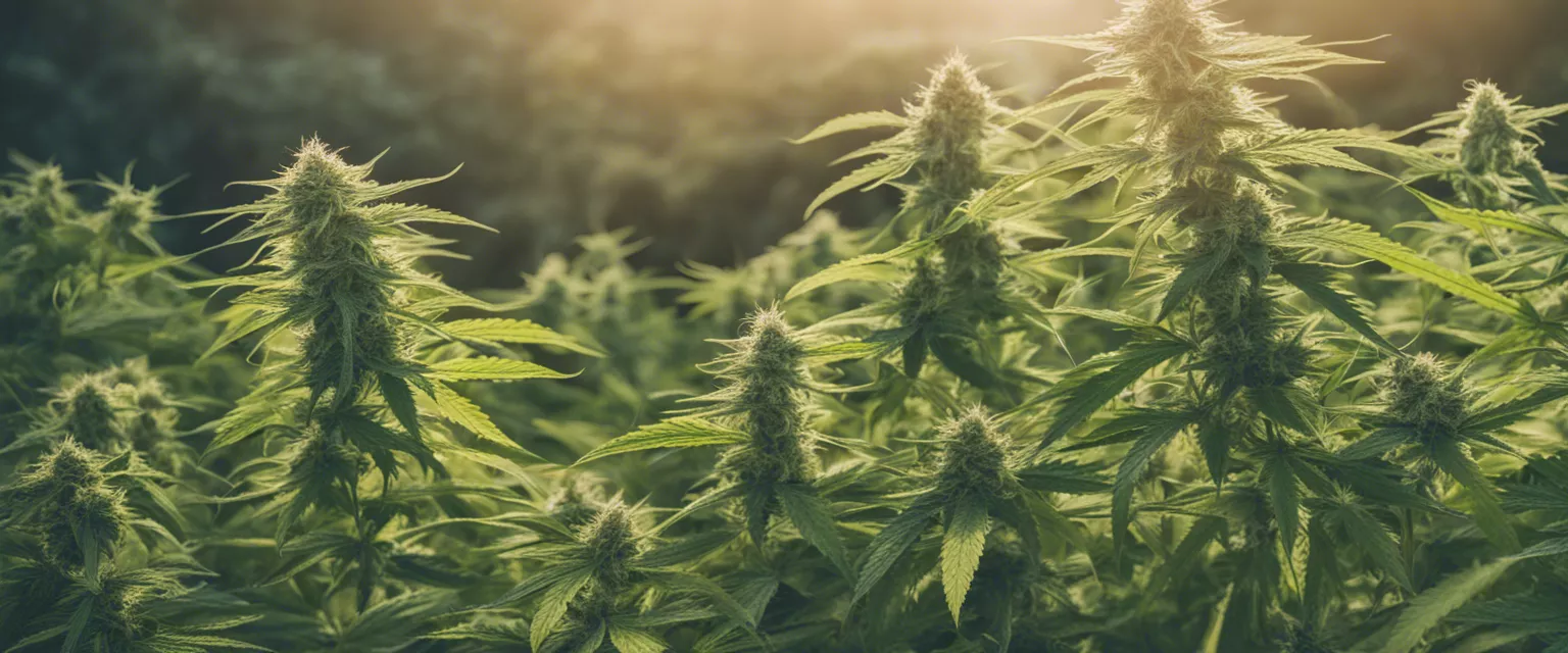 Cannabis Indica plants in full bloom at flowering stage in greenhouse.