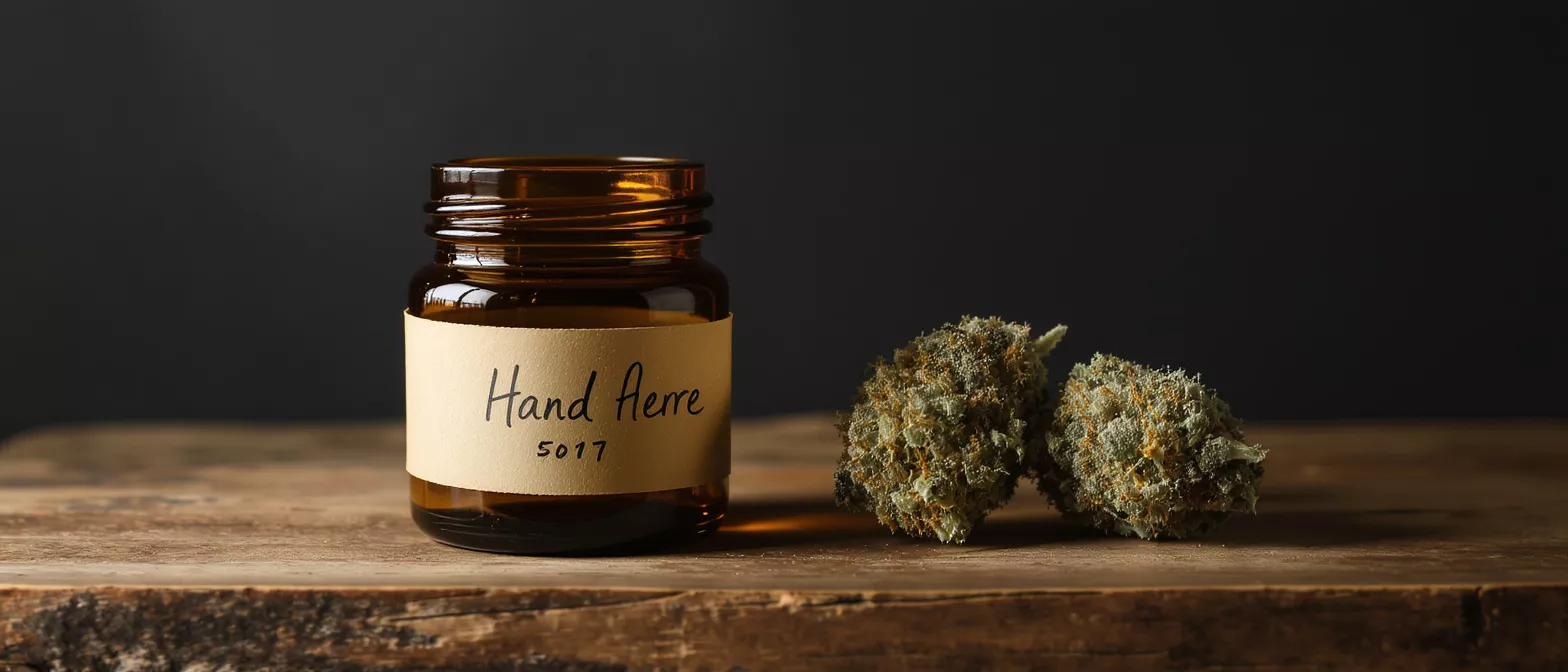 Amber glass jar labeled "Hand Aerre" with two cannabis buds on a wooden table.